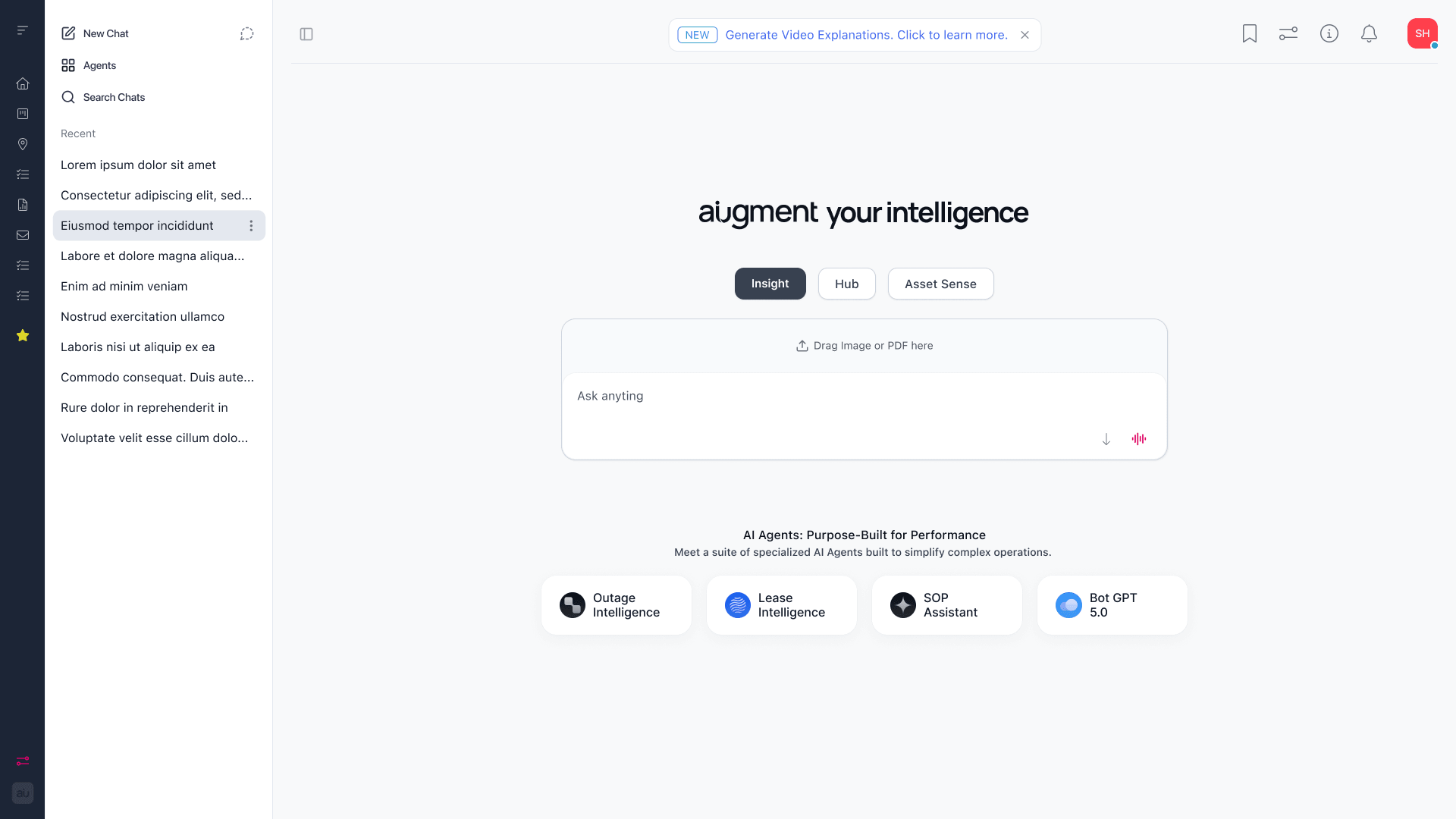 Augment Group's copilot landing screen with Insight, Hub, and Asset Sense tabs