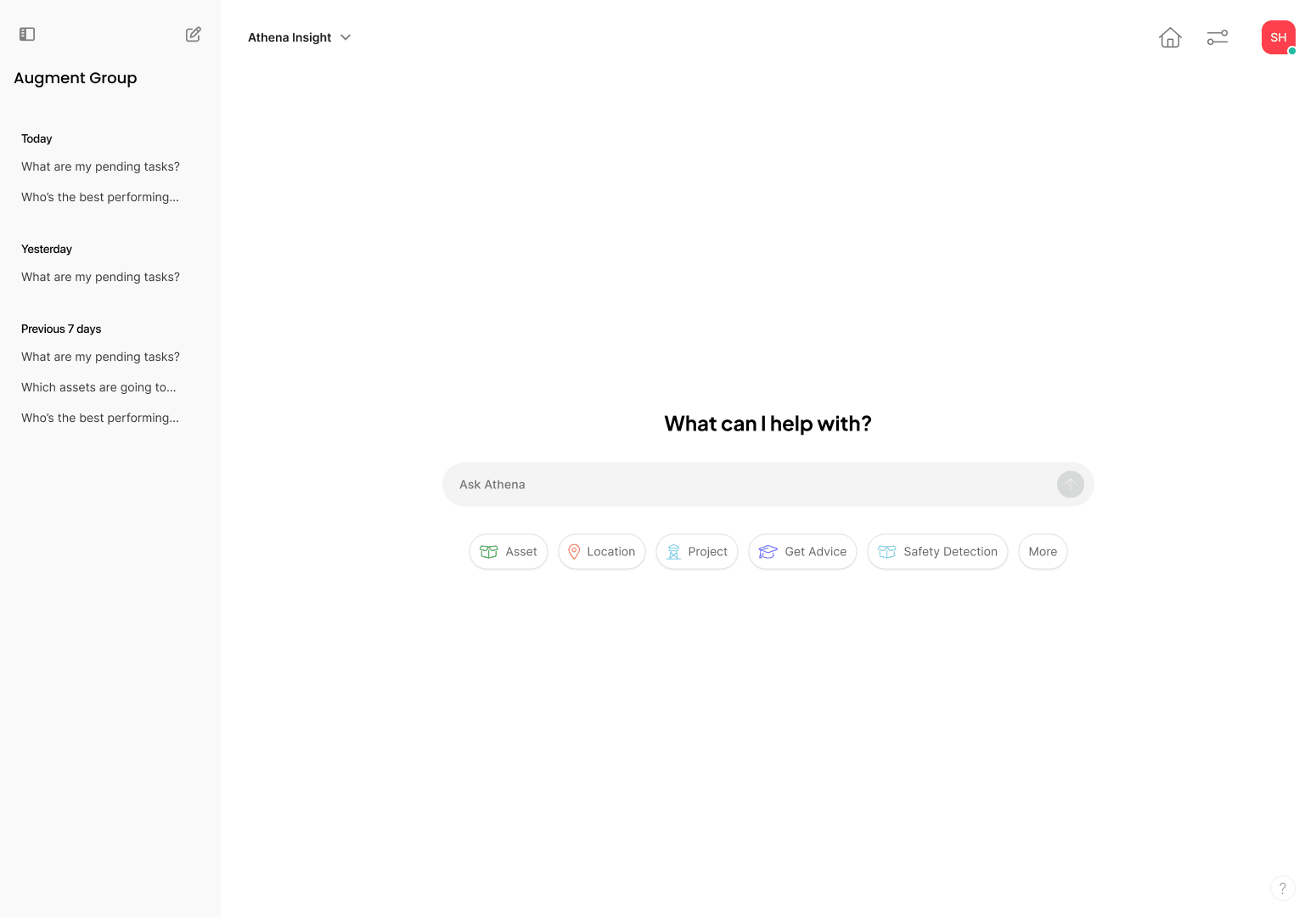 Augment Group's Athena Insight assistant before the redesign, a bare prompt with no guidance
