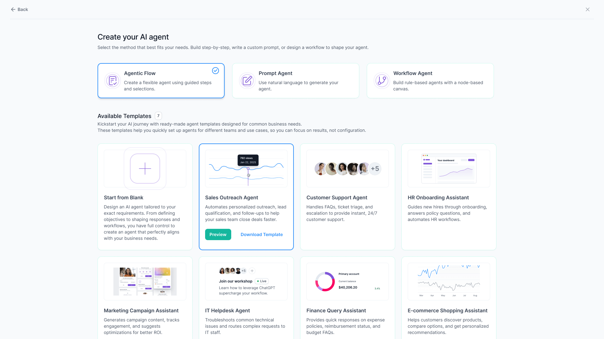 Augment Group's Create AI Agent screen, showing three creation methods and seven agent templates