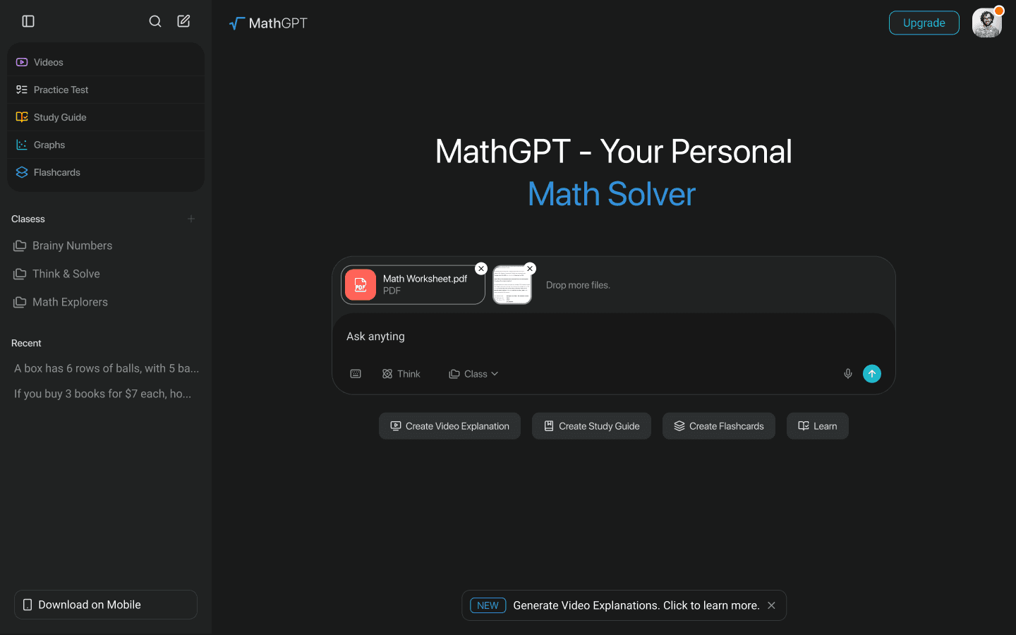 MathGPT signed-in dashboard